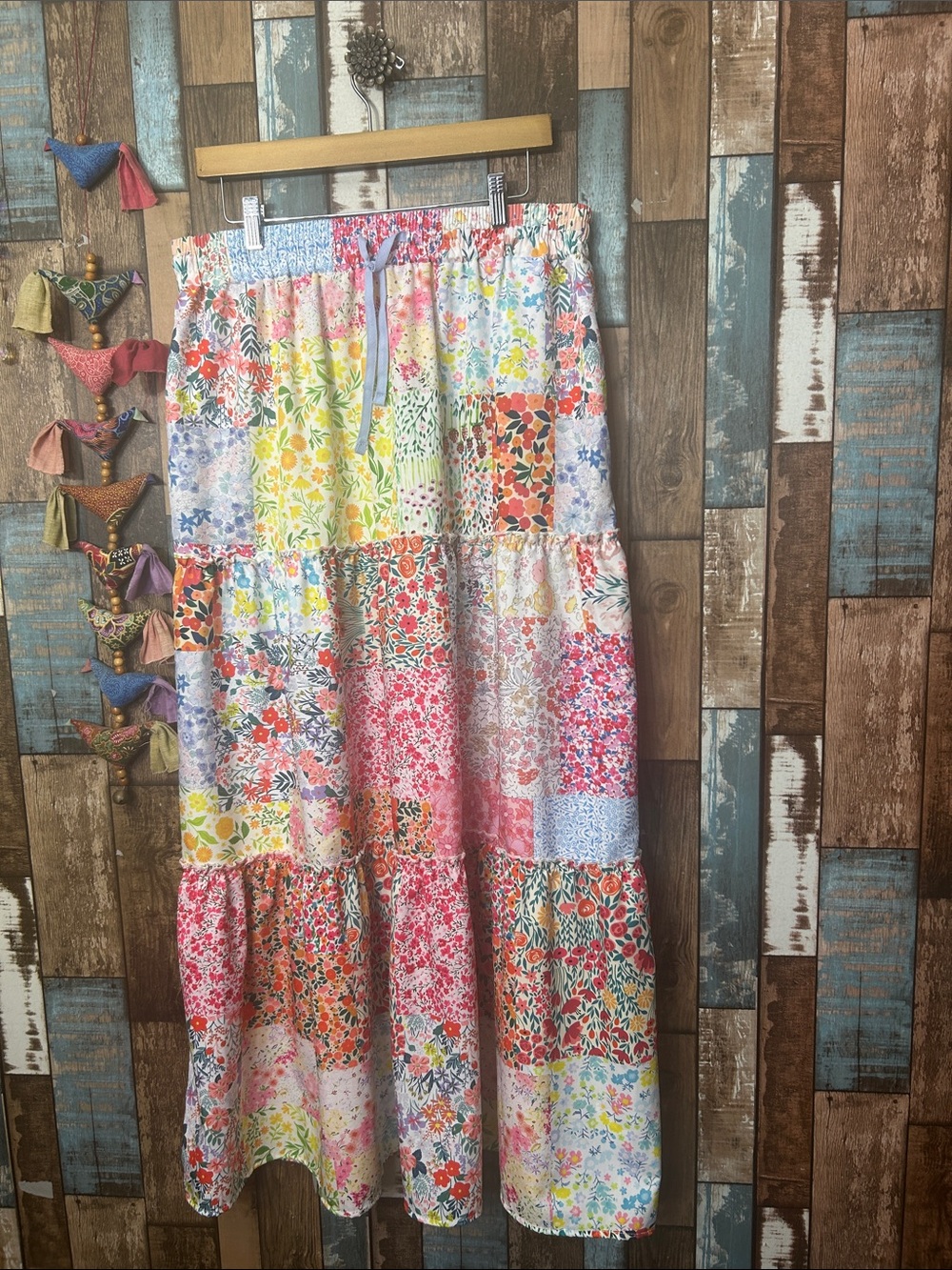 Boho Patchwork Tiered Maxi Skirt - Multicolor